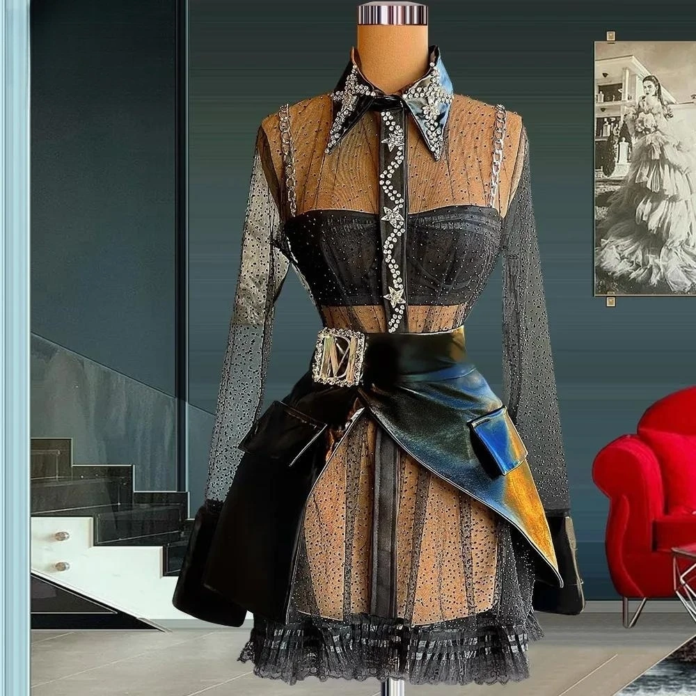 Black Cocktail Dresses A-line Long Sleeves Short Mini Tulle Beaded Homecoming Dresses Haute Couture Customized