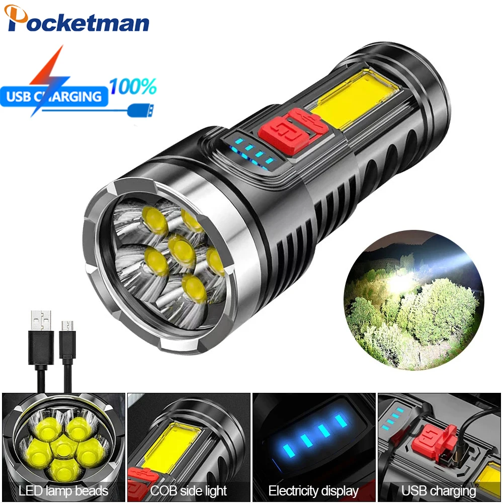 

Powerful 6LED Flashlight USB Rechargeable Flashlights Super Bright Waterproof Torch Self-defense Emergency Light