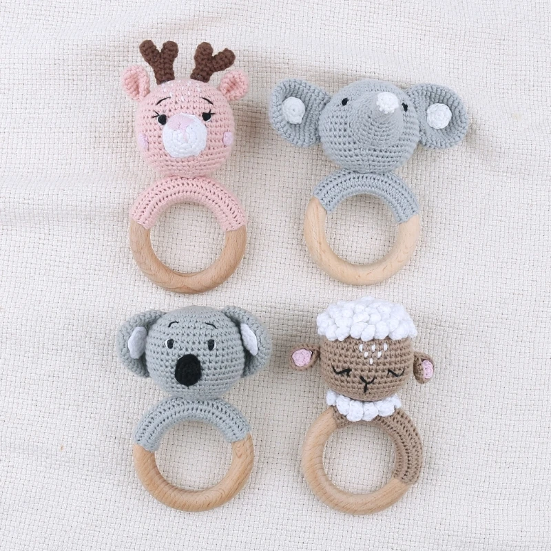 Hochet en Crochet pour bébé, anneau en bois kawaii, hochet pour nouveau-né, jouets + attache-sucette faits à la main, jouets éducatifs pour enfants