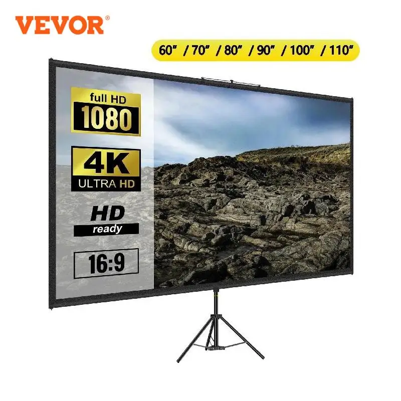 VEVOR 60 70 80 90 100 110 Inch Tripod Projector Screen W/ Stand 16:9 4K HD Portable Home Cinema for Indoor & Outdoor Projection