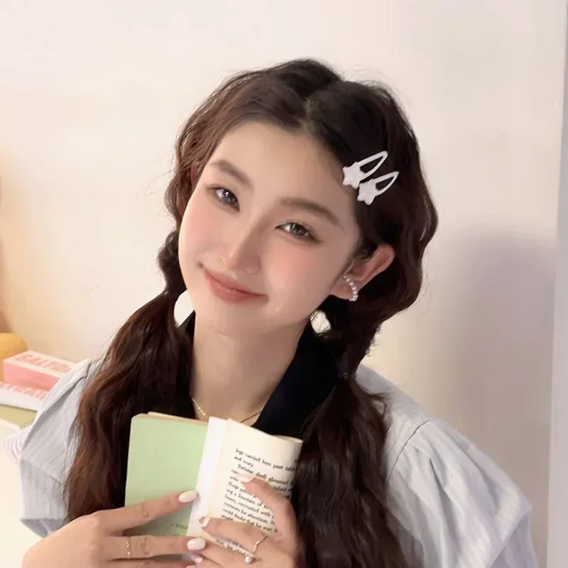 2pcs White Star Bangs Side Clip Women Girls Sweet Cute Snap Clip Hairpin Barrettes Korean Style Fashion Hair Accessories