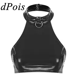 Sexy Womens Crop Top Fashion O Ring Halter Vest Backless Sleeveless Patent Leather Tank Tops for Party Club Music Festival