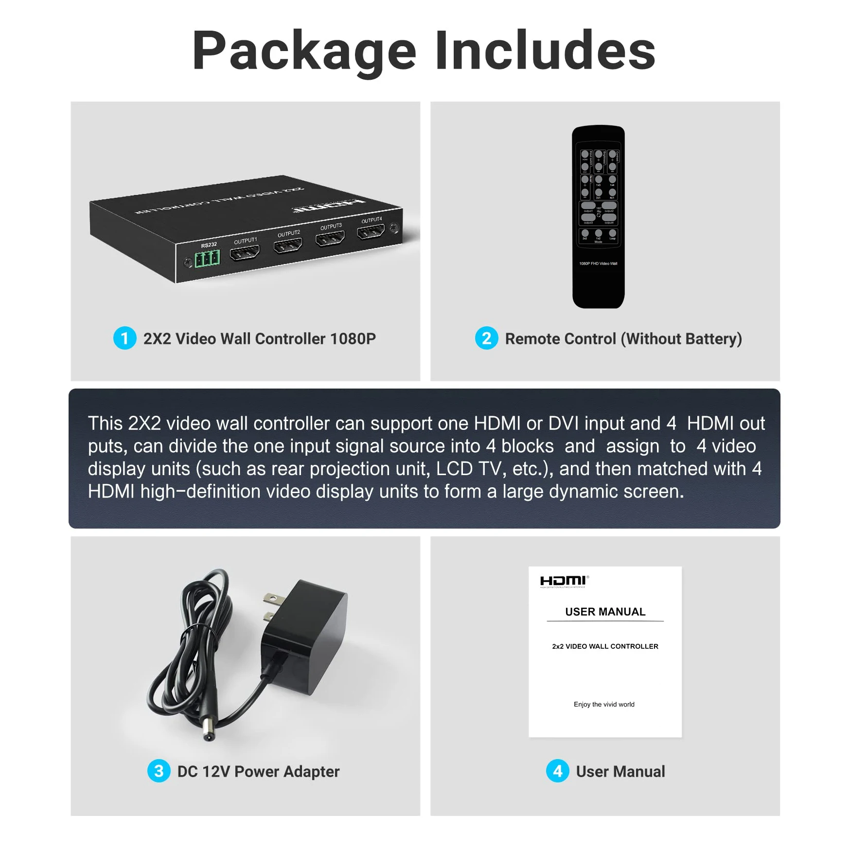 HDMI DVI 비디오 월 컨트롤러, HD TV 1080P, 60hz, 1x2, 1x3, 1x4, 2x1, 3x1, 4x1, 2x2 멀티 스크린 프로세서, TV 스플라이싱 박스 4 개, 2x2