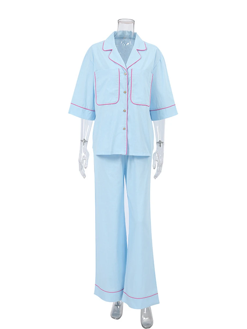 Marthaqiqi Cotton Ladies Sleepwear Suit Three Quarter sleeve Nightwear Turn-Down Collar Pajama Pants Casual Women Nightwear Set
