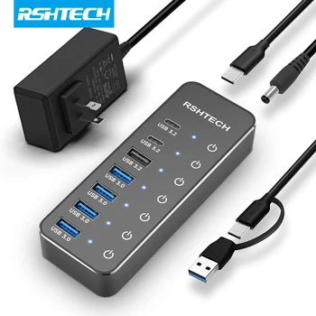 RSHTECH 전원 USB 허브 3.2 USB C 분배기, 개별 터치 온/오프 스위치, 맥북 맥용 USB 익스텐션, 10Gbps 데이터 허브