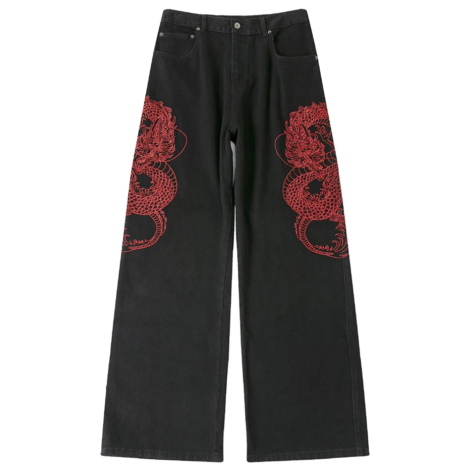 Dragon Embroidery Baggy Jeans Men Streetwear Hip Hop Black Loose Denim Pants 4