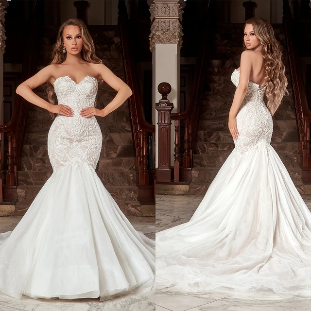 Elegant Mermaid Wedding Dresses Sleeveless V Neck Sequins Appliques Beads  3D Lace Lace-up Trumpet Train Plus Size Bridal Gowns - AliExpress