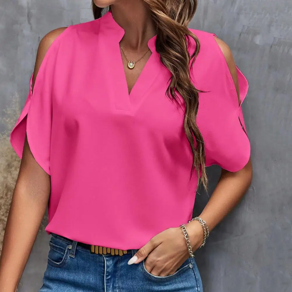 Women Summer Casual Shirt V-neck Cold Shoulder Short Sleeve Pullover Tops Solid Color Loose Fit Blouse Female Clothes