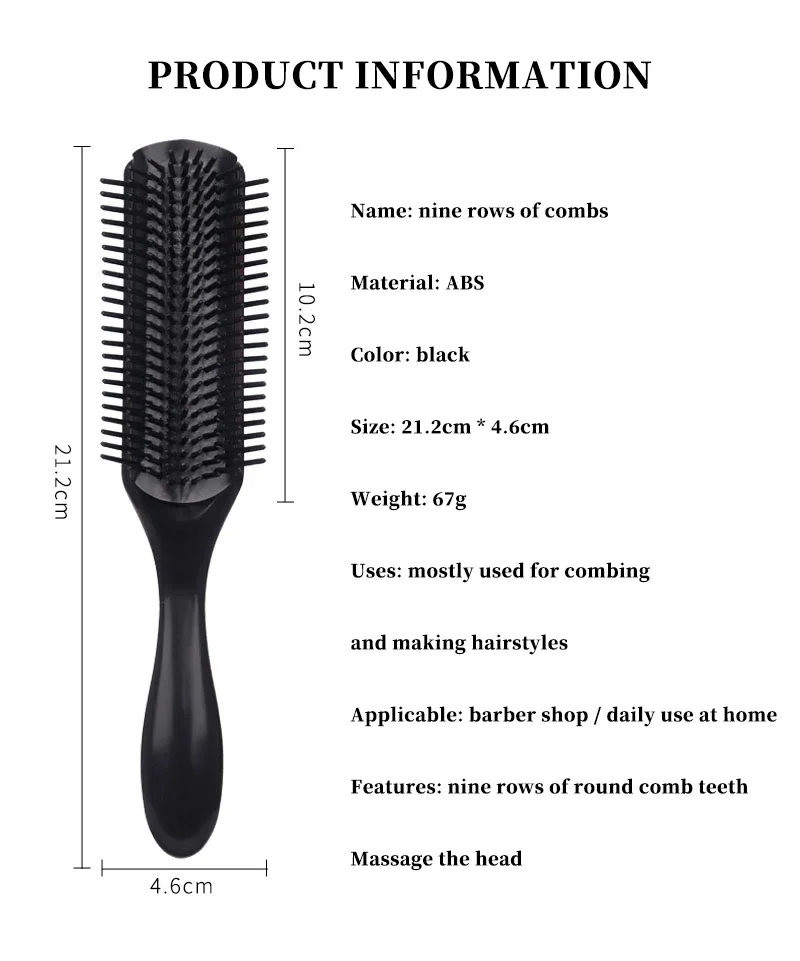 Anti-static Exfoliating Massage Curling Brush Detachable Nine Row Plastic Comb 1pc For Real Hair Wigs
