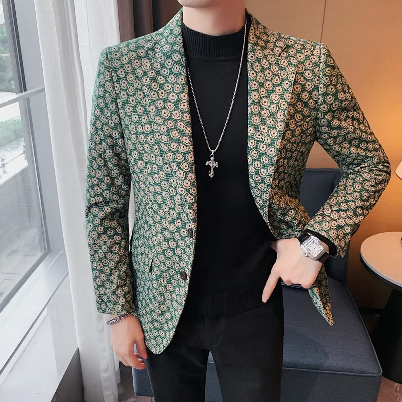 Autumn Winter Corduroy Flower Blazers Men Slim Fit Casual Suit Jacket Casual Suit Jacket Wedding Business Dress Coat Streetwear