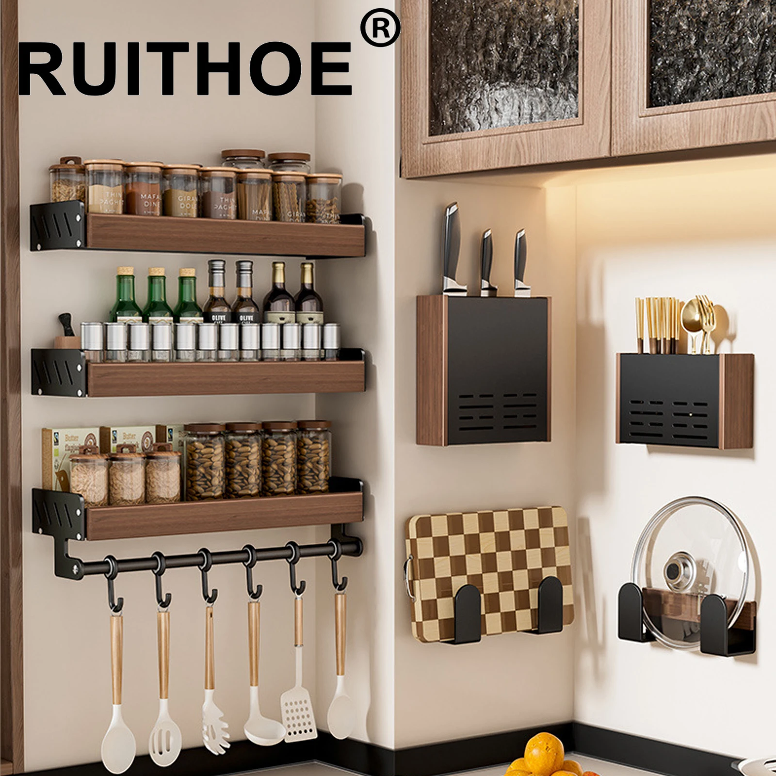 Ensemble de supports de rangement muraux de cuisine en bois, comprenant un porte-couteaux, un porte-épices, un porte-baguettes, un support pour couvercle de pot, un crochet rotatif 1 Ensemble de supports de rangement muraux de cuisine en bois, comprenant un porte-couteaux, un porte-épices, un porte-baguettes, un support pour couvercle de pot, un crochet rotatif 1