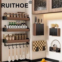 Ensemble de supports de rangement muraux de cuisine en bois, comprenant un porte-couteaux, un porte-épices, un porte-baguettes, un support pour couvercle de pot, un crochet rotatif 1