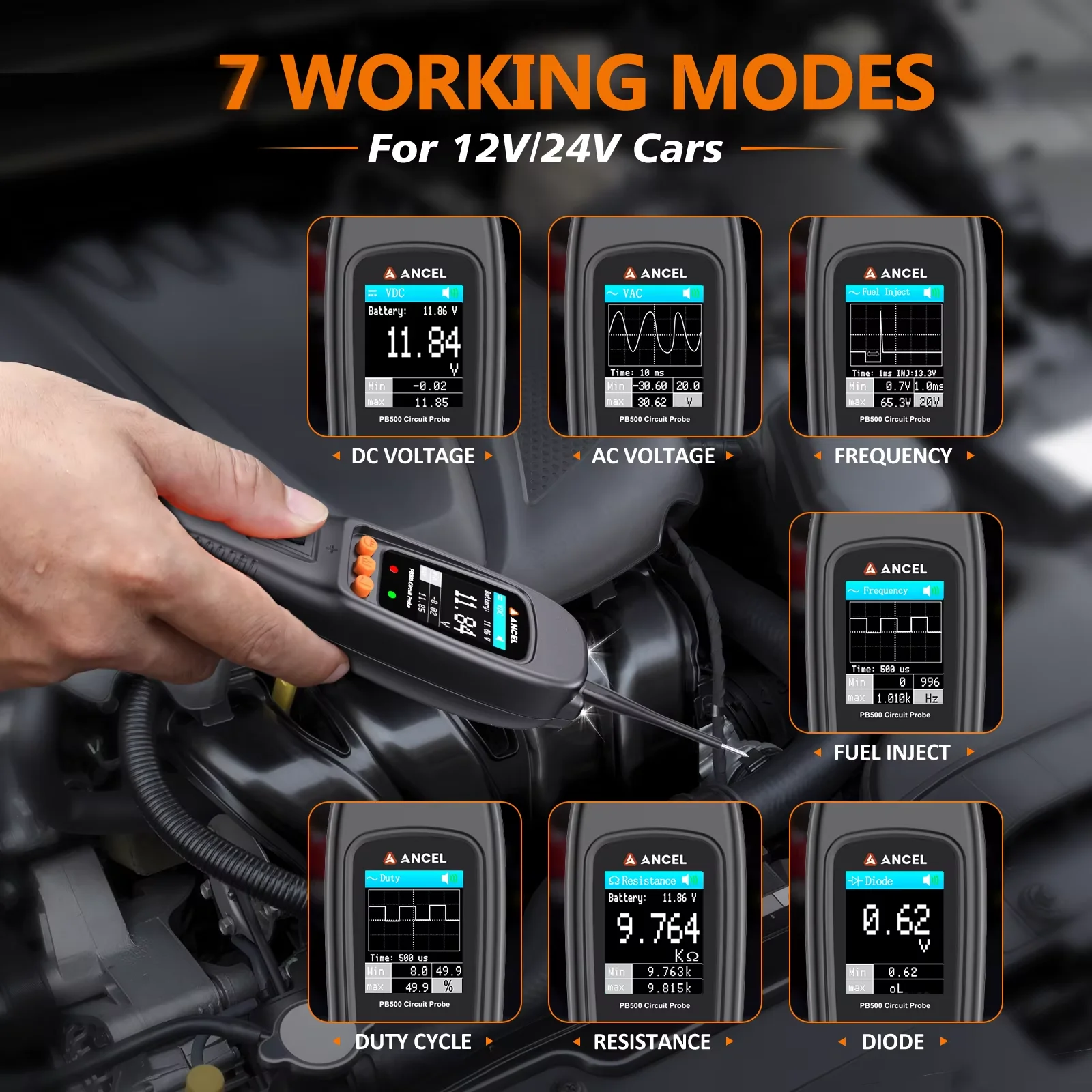 ANCEL PB500 Car Battery Tester Electrical Integrated Auto Battery System Diagnostic Tools12V/24V Power Probe Circuit Tester Kit
