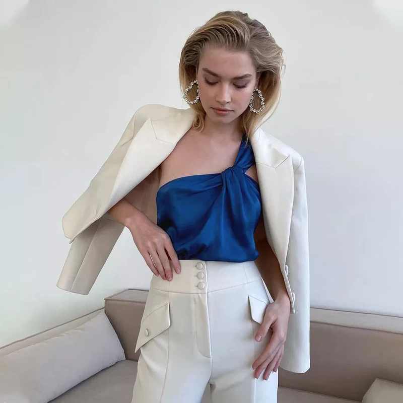 

Elegant Summer Top Women Satin One Shoulder Sleeveless Patchwork Bandage Vintage Vest Roupas Femin Cropped Top Camisole