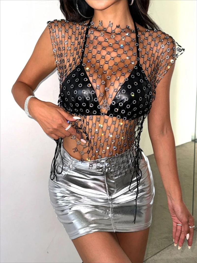 Damen Strass-Netz-Crop-Top - Sexy Durchsichtiges Ausgeschnittenes Ärmelloses Tanktop für Party, Club, Strand, Konzert & Streetwear – Detail 4