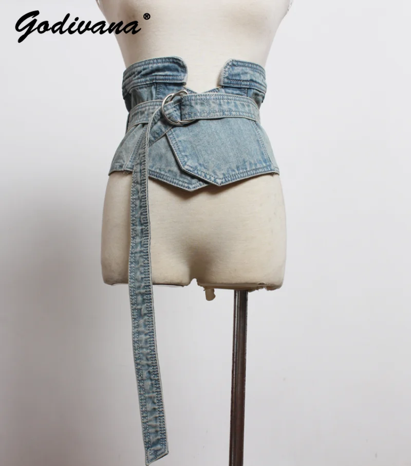 double-ring-belt-fashion-retro-shirt-dress-denim-lace-up-women's-waist-slimming-all-match-wide-cummerbunds-long-tail-waistband