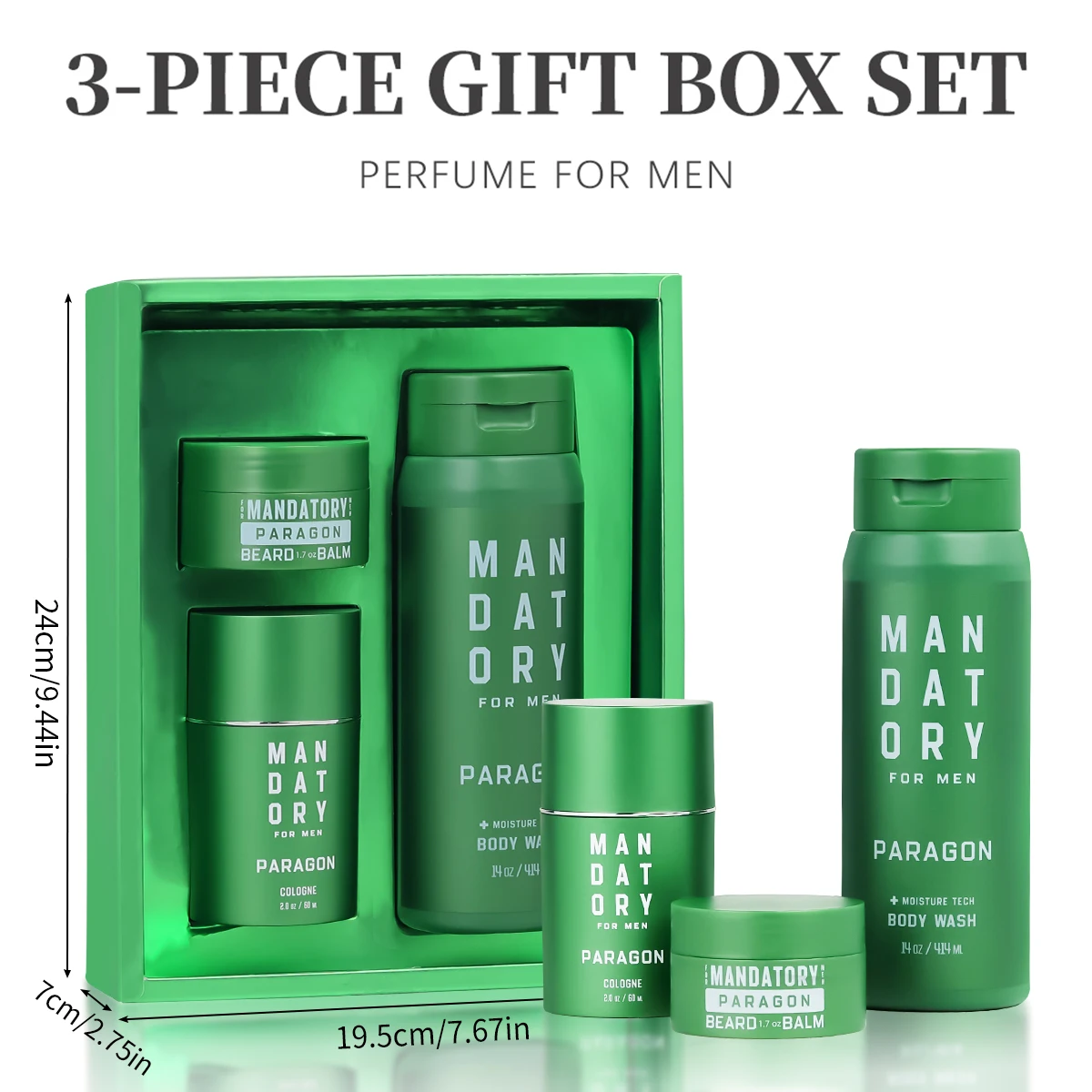 MANDATORY Men's Fragrance Set Gifts 2.0 Oz Eau de Toillete Cologne Spray 14 Oz Body Wash Shower Gel 1 Pc 1.7 Beard Balm