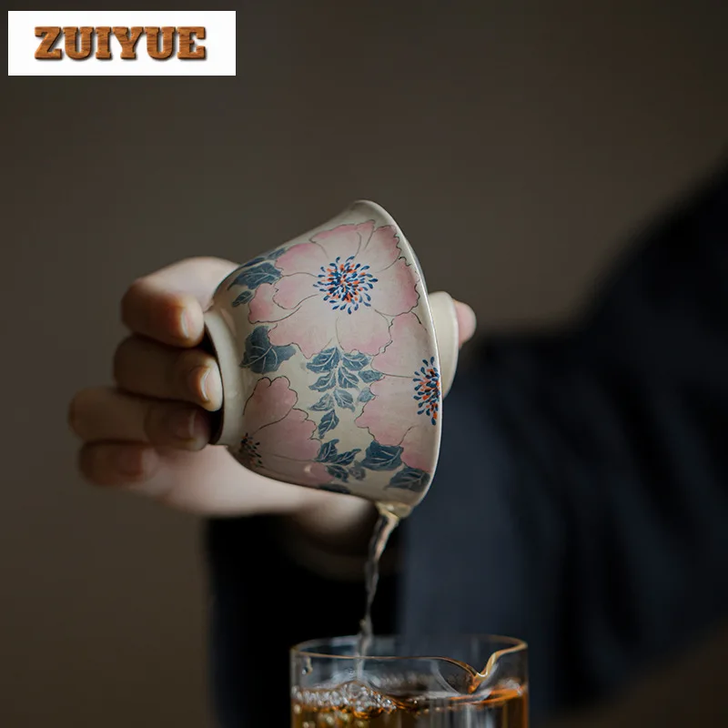 118ml Pure Hand-painted Peony Gaiwan Ancient Rough Pottery Powder Yin Tea Tureen Tea Maker Cover Bowl Chinese Set Decoration