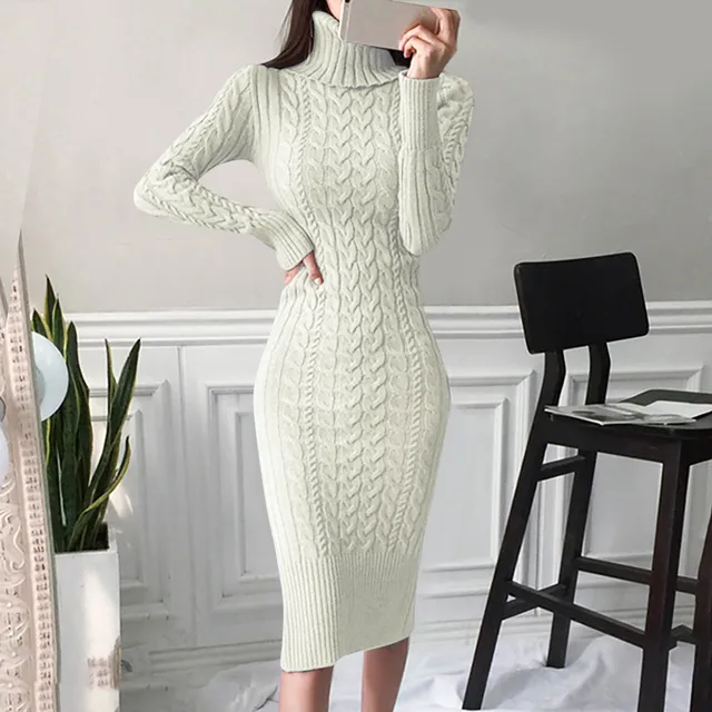 Autumn and Winter Womens Long Sleeve Turtleneck Sweater Dresses Warm Knitted Bodycon Pullovers Jumper Dresses Vestidos Largos 4