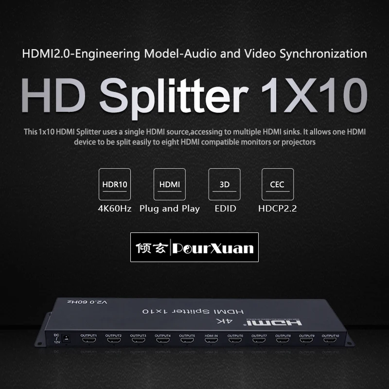 Splitter Hdmi 4K 60Hz 1 In 10 Out Hdcp2.2 Switcher Splitter Video Con Splitter Cec 1 X10 3D Hdr10 Per Monitor Da Dvd A Tv Per Pc Ps4