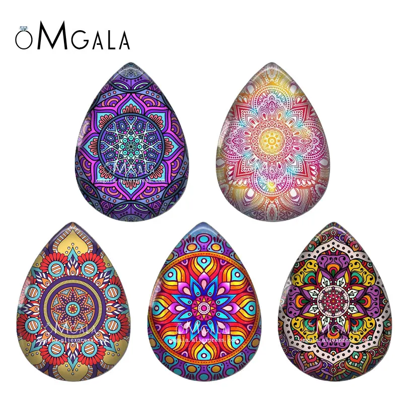 

5pairs Colorful Vintage Mandala Art Patterns 13x18/18x25mm Photo Glass Cabochon Flat Back For DIY Jewelry Making Findings