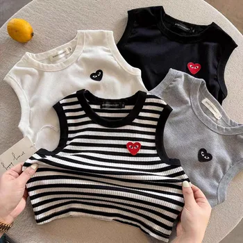 T2667 Children's sleeveless vests new summer Boys 2025 Love Heart Baby Striped Workwear T-shirts for small children slim style 1
