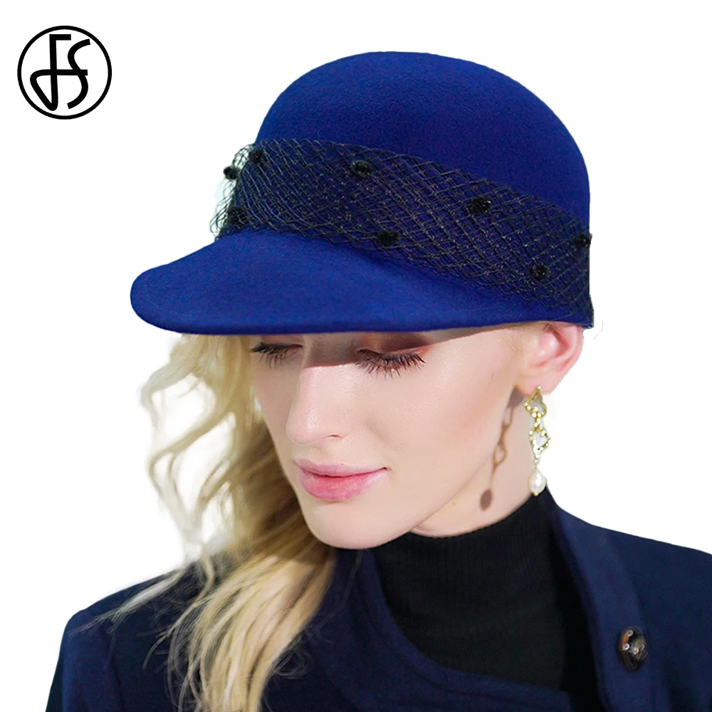 FS Royal Blue 100 Wool Felt Hats For Women With Veil Wine Red Newsboy