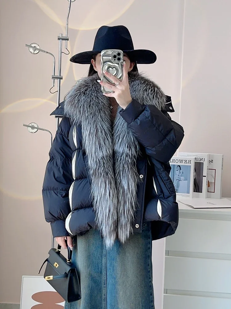 Fashion Big Fur Collar Thick Short Fur Coat Female 2023 Winter New Placket Fox Fur Stitching White Goose Down Down Jacket Women