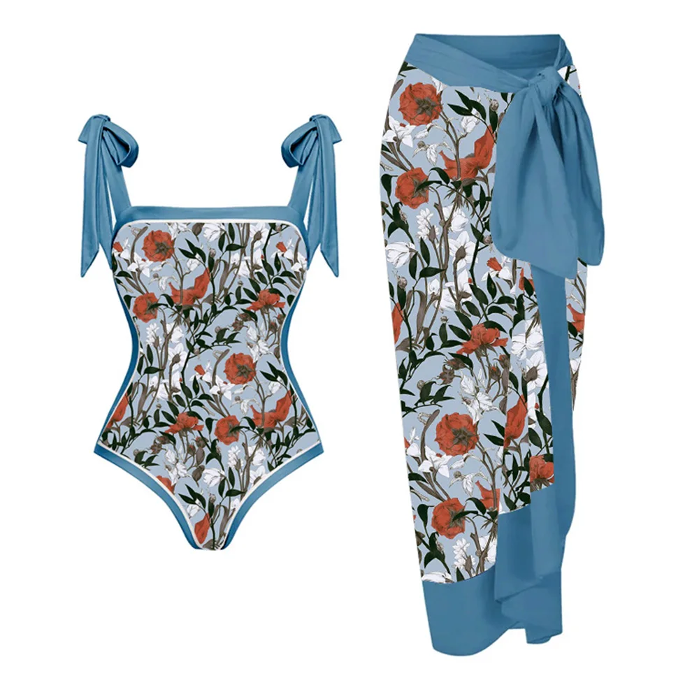 

CPUTAN 2023 New Push Up One Piece Swimsuit Sexy Women Vintage Print Monokini Swimwear Cover Up Beach Skirt Swimming Suit Dress