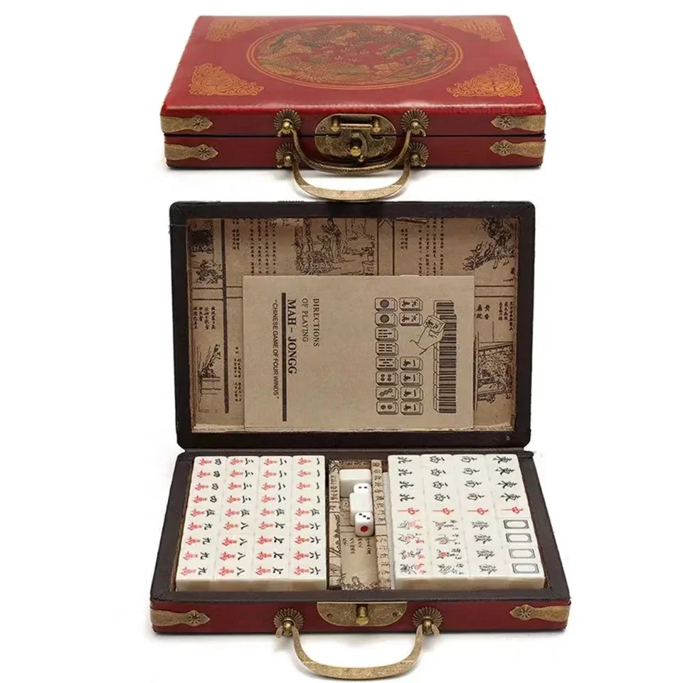 Chinese Numbered Large Acrylic Tiles Portable Carving Travel Mahjong Premium Mahjong Set 144 For Family Party Table Game 4