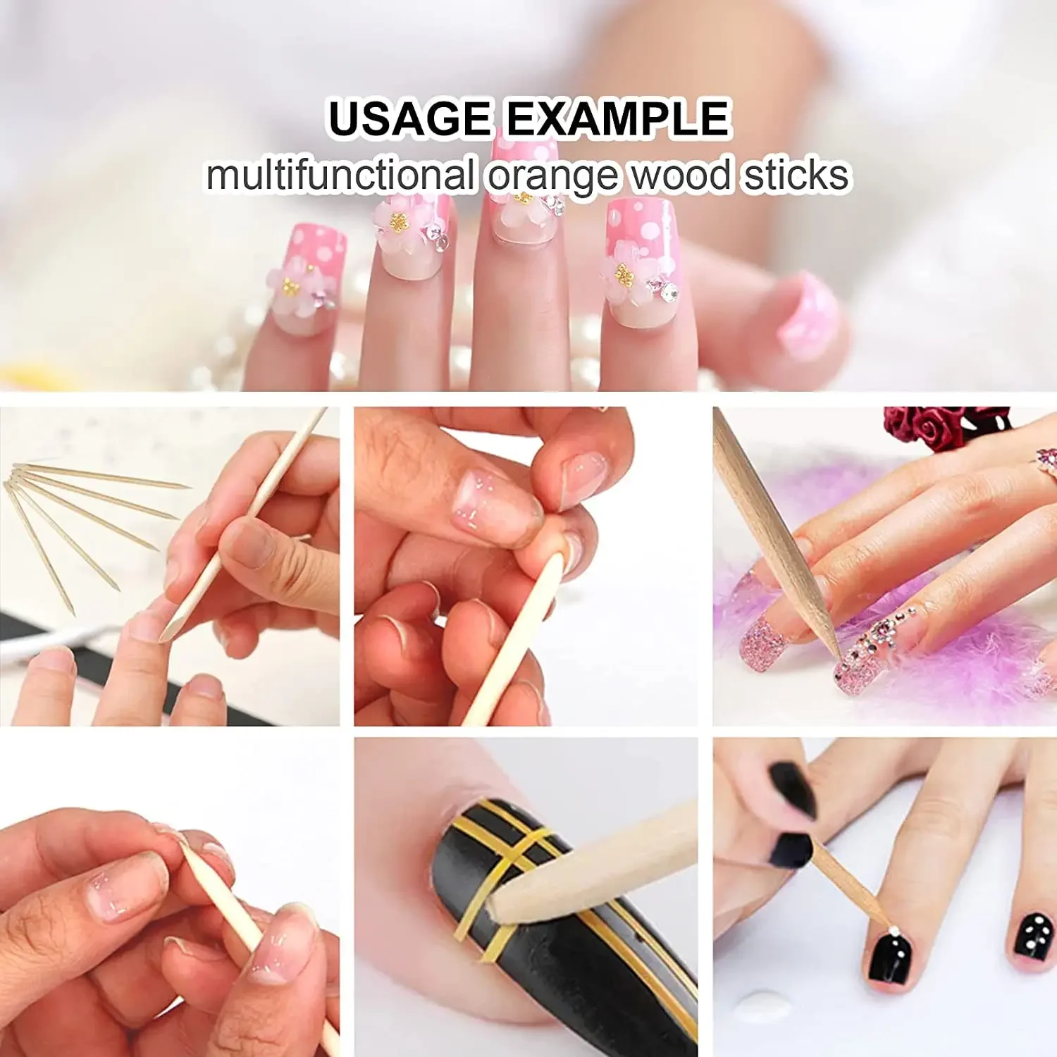 Description Picture 6 of item100pcs Nail Art Pusher Orange Wood Sticks Cuticle Pusher Remover Rhinestones Dotting Removal Manicure Pedicure Care Tools