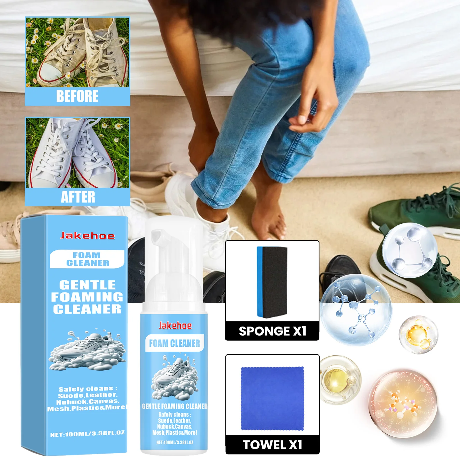 Foam Sneaker Cleaner Waterless Yellow Stain & Oxidization Remover for White Shoes No Scrub Quick-Dry Portable Spray
