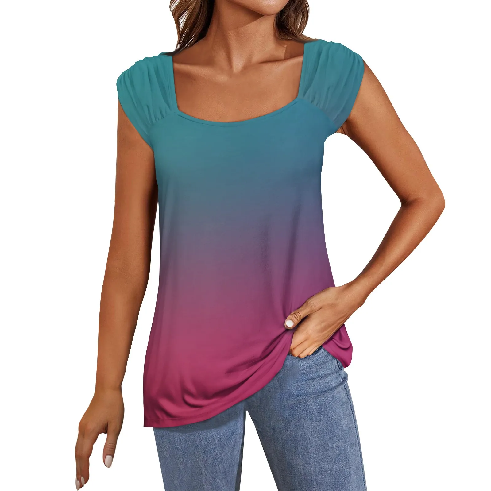 

Женский Летний жилет с квадратным вырезом, Свободная Повседневная рубашка с рукавом-крылышком и принтом, женская одежда, топ, женский топ