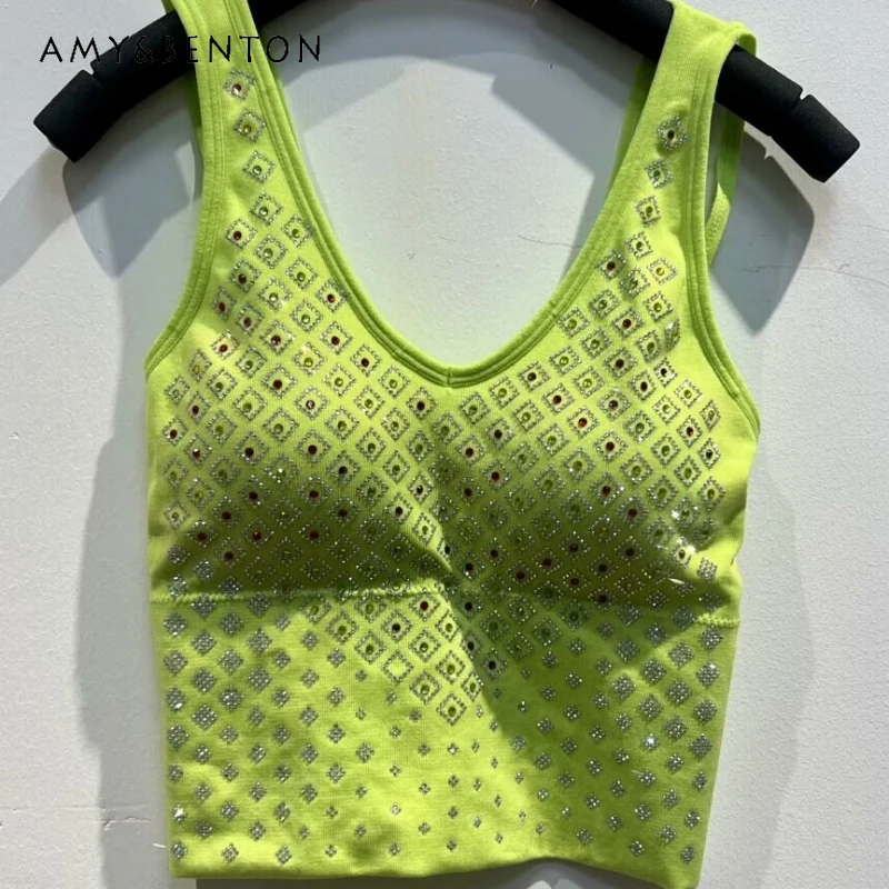 

Heavy Industry Shining Diamond Design Back Diamond Drills Vest Base Clothing Underwear With Chest Pad Sling Basic Outer Wear Top