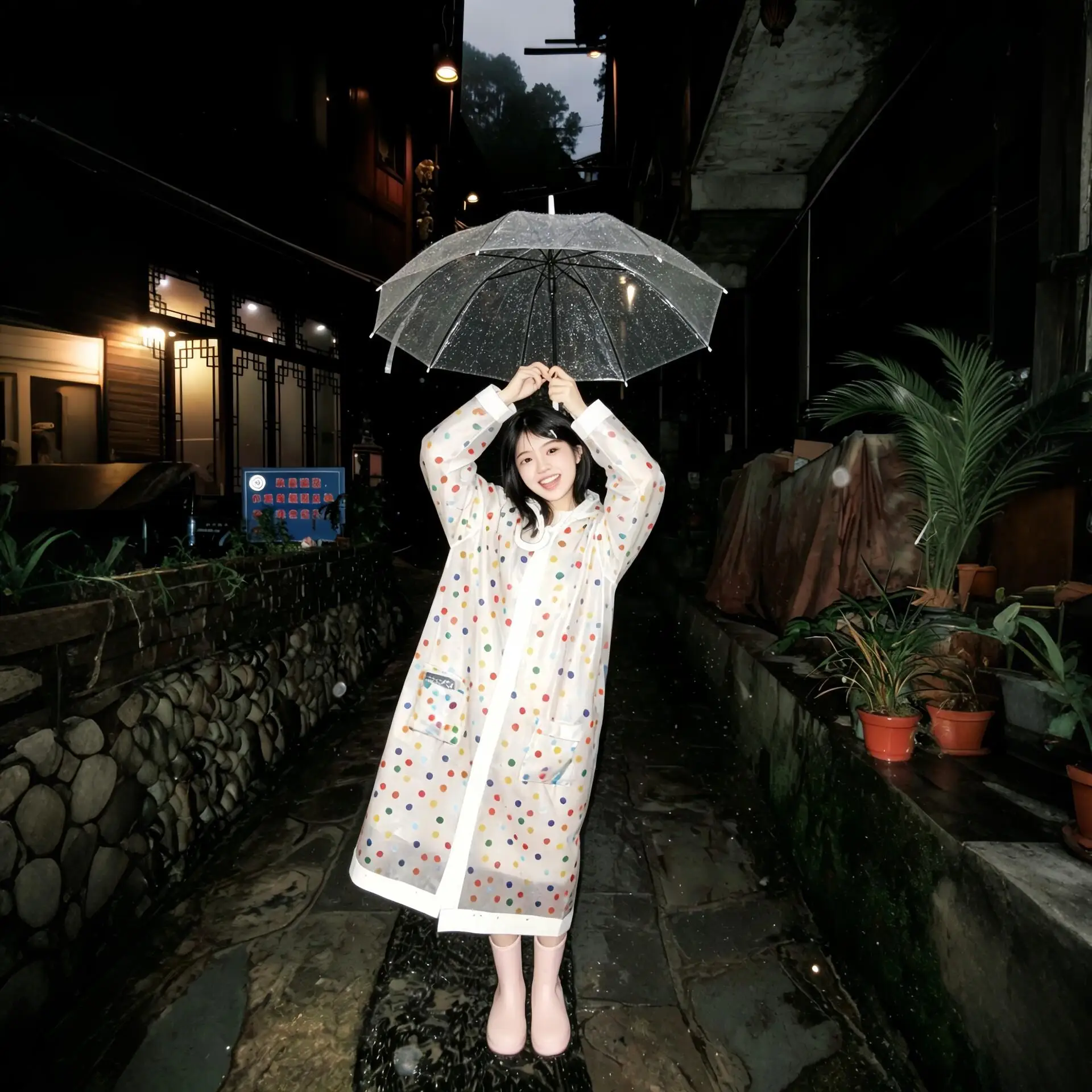 화려한 물방울 무늬 성인용 휴대용 일체형 뮤직 페스티벌 야외용 전신 방수 레인 판초 통근용