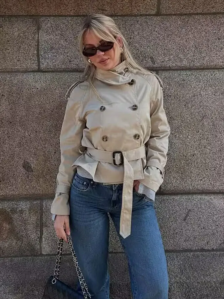 HH Women Vintage Solid Belt Trench Coat Windbreaker Double Breasted Long Sleeve Jackets Autumn Fashion High Street Lady Outwear
