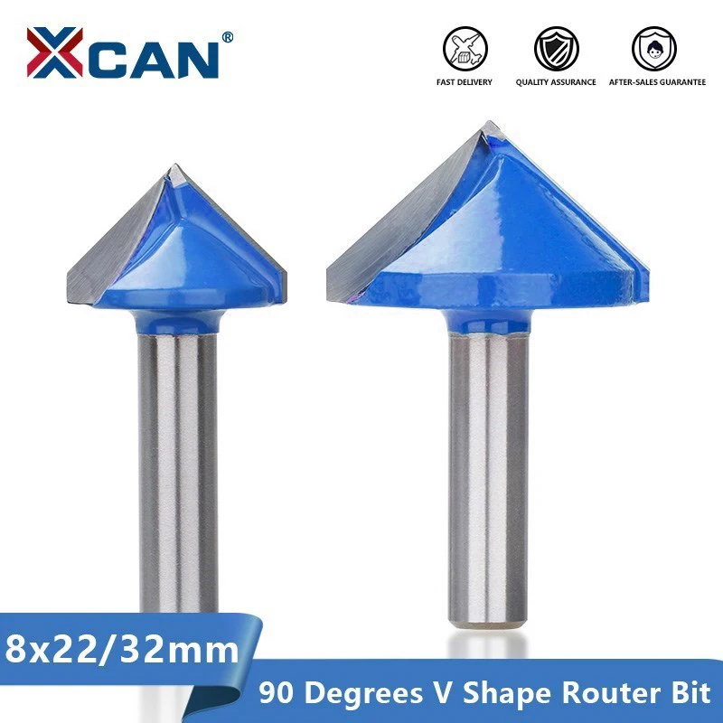 XCAN Wood Router Bit V Shape Engraving End Mill 8mm Shank 90 Degrees 22 32mm Carbide Milling Cutter