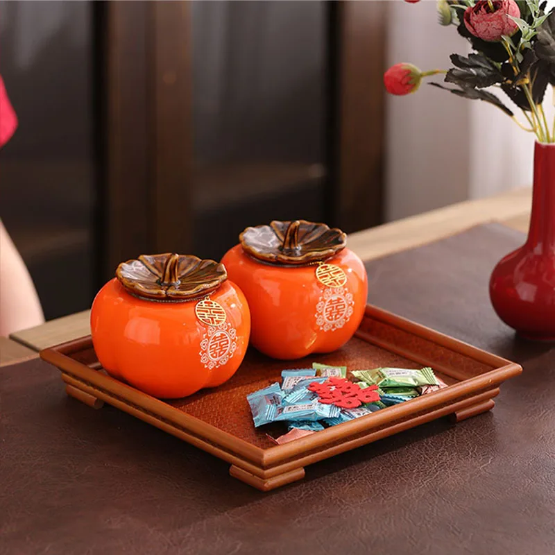 

Chinese Traditional Wedding Persimmon Shape Ceramic Candy Jar Tea Canister Multipurpose Porcelain Storage Jars Home Decor Gift