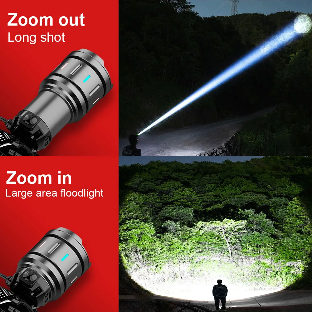 Frontale LED 800W 35000000LM zoomable ultra-puissante pour pêche au gros et chasse nocturne