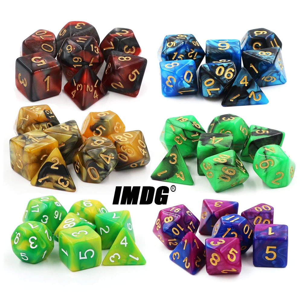 

IMDG 7 шт./компл. креативные игровые кости для ролевых игр, многогранные акриловые кости, цифровые игровые кости для смешивания цвета DND с сумкой