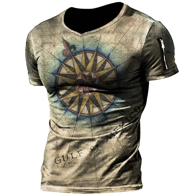 Vintage Men's T-shirt Summer American Shirt Tops Compass Printed Short-sleeve Tees Loose Daily Men Clothing Casual Streetwear 3