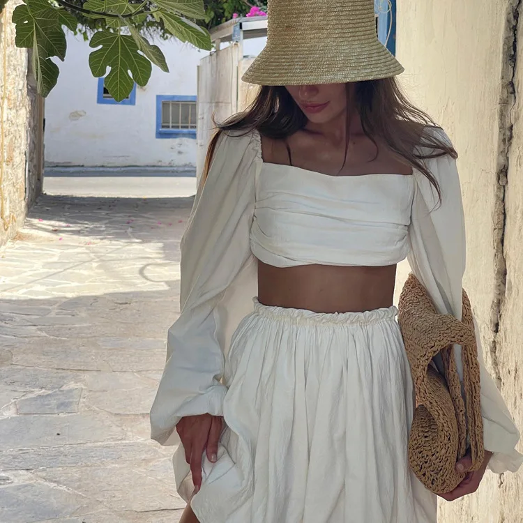 Sexy Beige Linen Women Two Piece Outfits 2023 Fashion Puff Sleeve Crop  Shirts With High Waist Mini Skirt Sets Female Holiday - AliExpress
