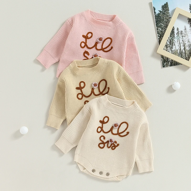 

Newest Newborn Baby Knitted Long Sleeve Autumn Winter Sweater Romper, O-Neck Letter Flower Embroidery Crotch Button Bodysuit