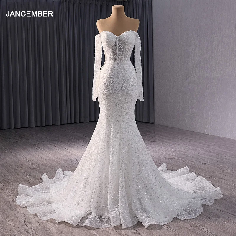 

Jancember Long Sleeve Mermaid Wedding Dress Beach V-Neck Lace Appliques Sweep Train Lace Up Bridal Gown vestidos de noche