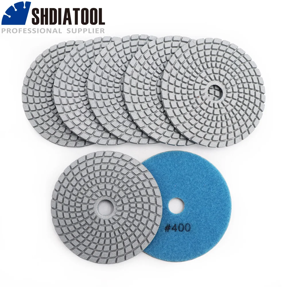 SHDIATOOL 7pcs 4 diamond wet flexible polishing pads B #400 for granite stone marble 100mm White bond sanding disc