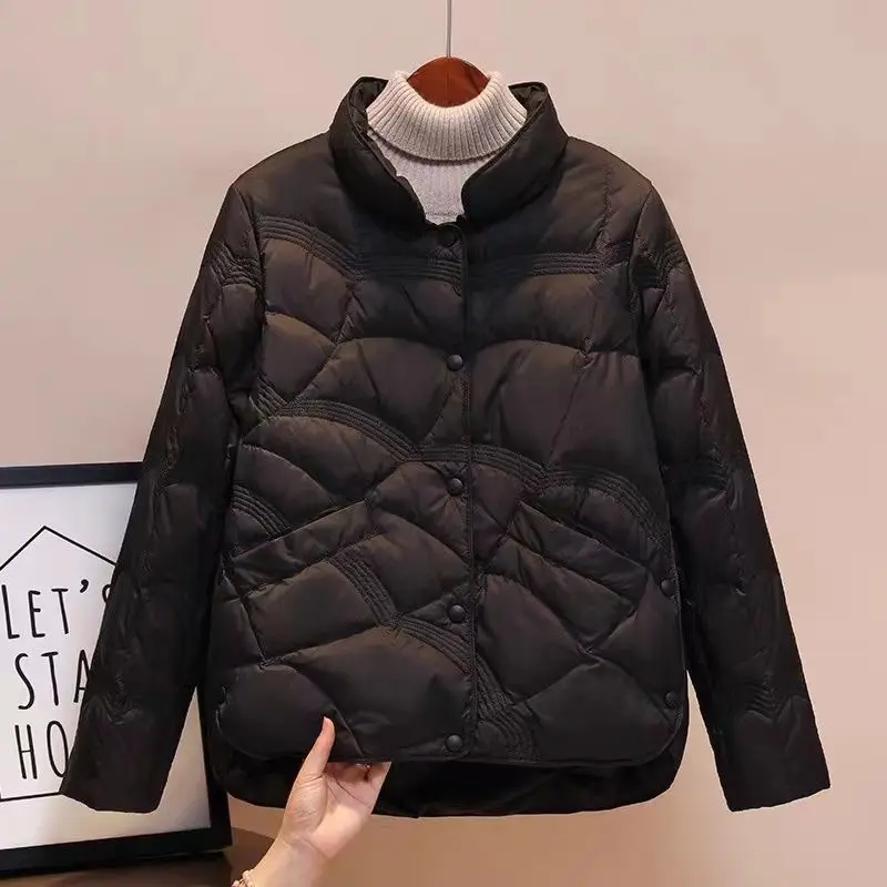 2024 New Korean Fashion Elegant Women Padded Cotton Coats Stand Collar Single Breasted Parkas Solid Long Sleeve Warm Jackets