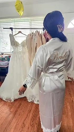 Womens Lace Trim Long Bridal Kimono Robes With Embroidery Bride Bridesmaid Satin Bathrobe Wedding Gifts 6