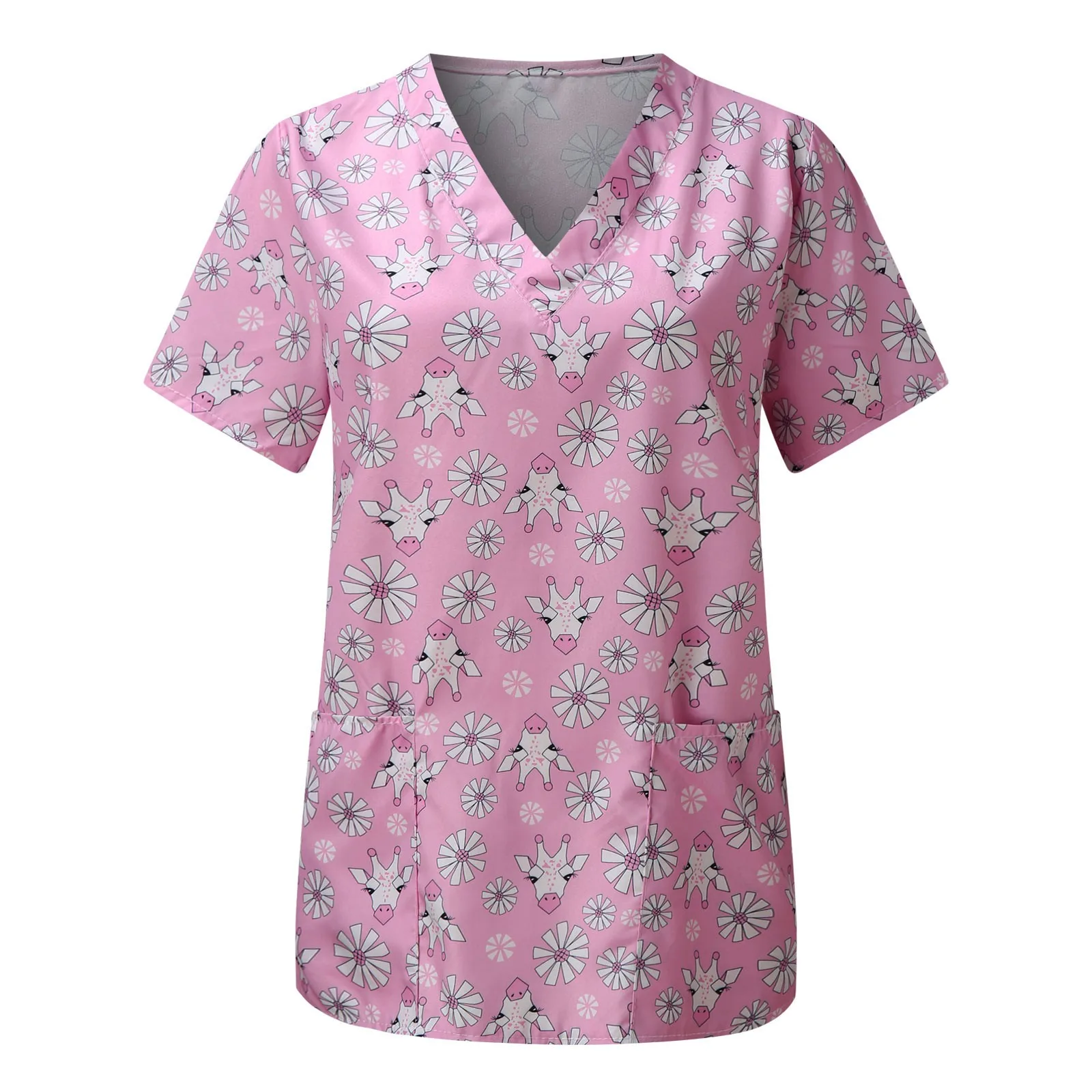 

Nurse Uniform Scrubs Tops Womans Animal Print Short Sleeve Overalls Medical Nursing Spa Pet Working Workwear Clinical Uniform