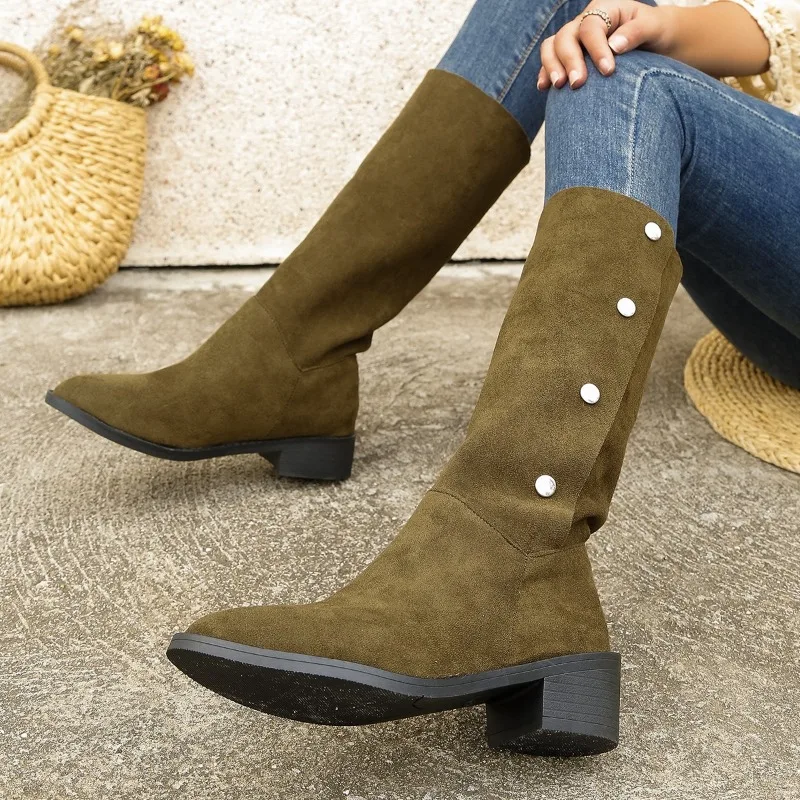 2023 Winter Casual Women's Mid-Calf Boots Slip-on Shoes for Female Square Heel Women's Shoes Plus Size Low Heel Ladies Boots
