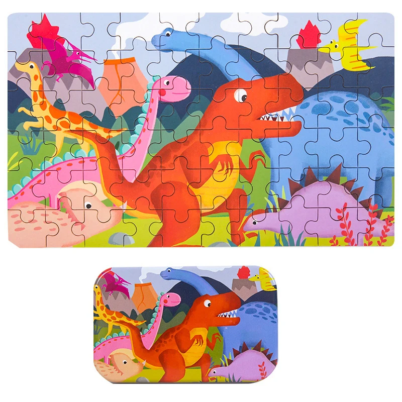 Cartoon Girl Boy Children Toddler Wooden Game Puzzle Paper Puzzle Iron Box 60 Metal Tin Box Children's Toy Holiday Gift